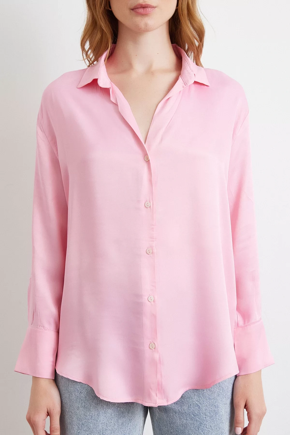 Viskon Saten Gömlek Pembe