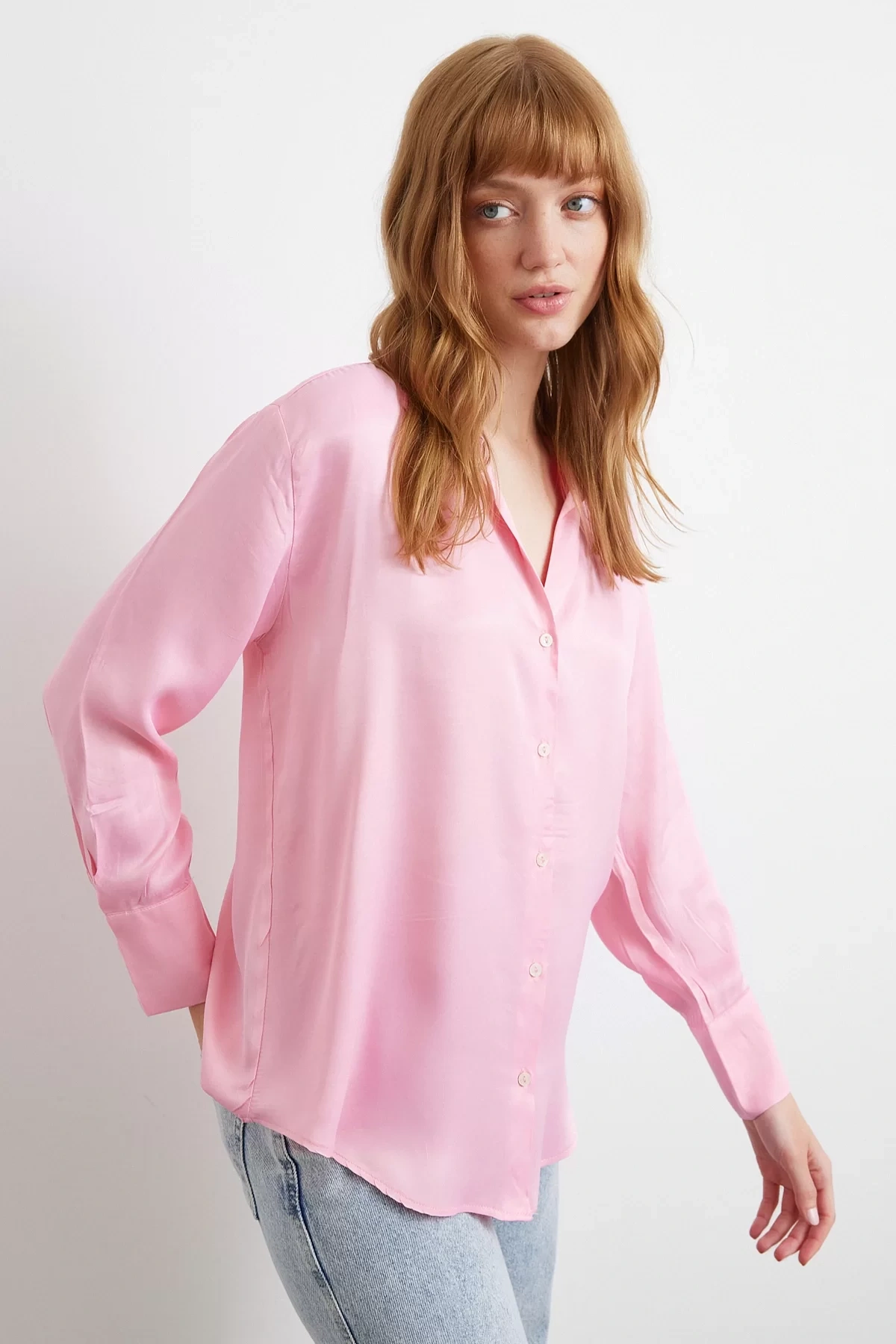 Viskon Saten Gömlek Pembe