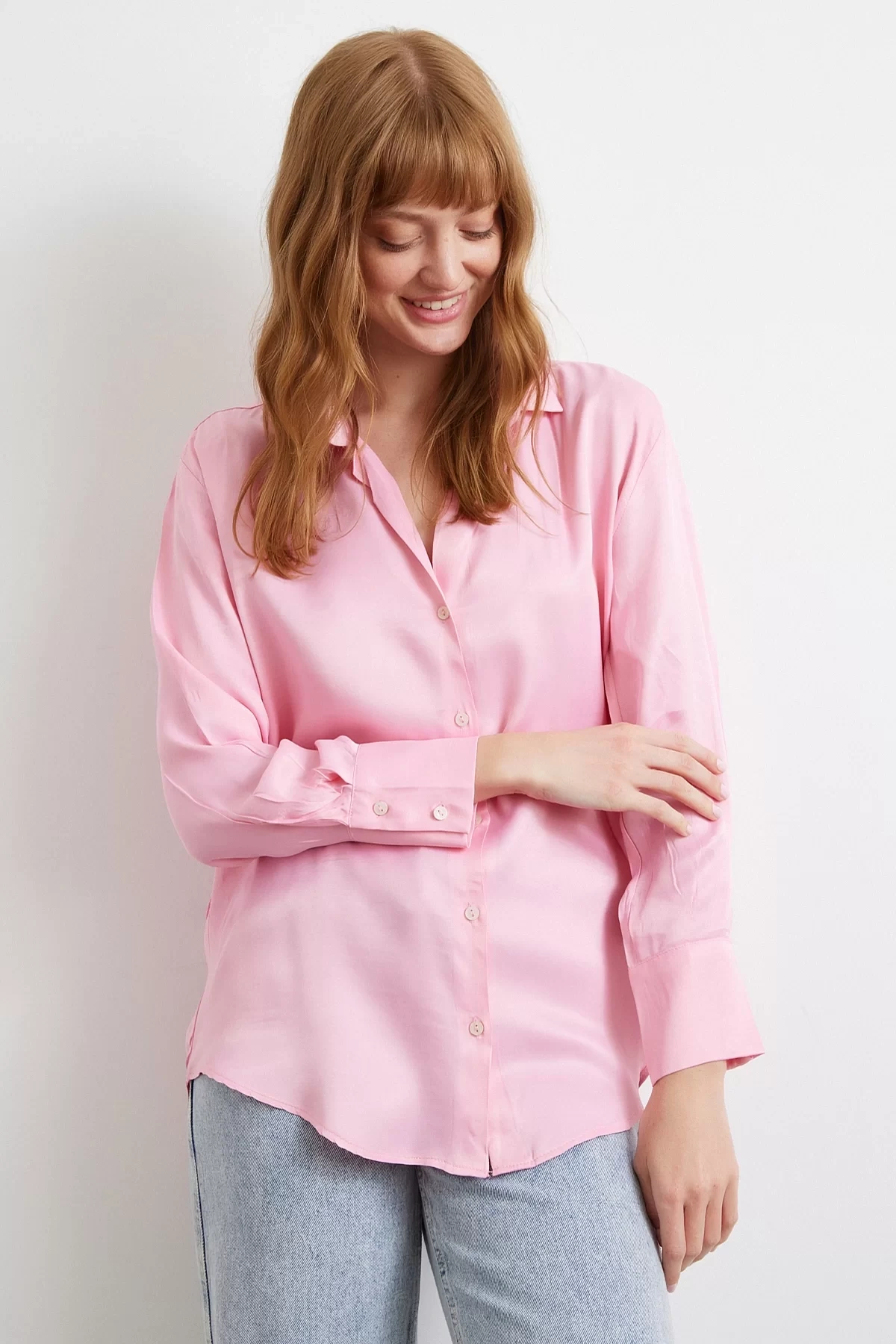 Viskon Saten Gömlek Pembe