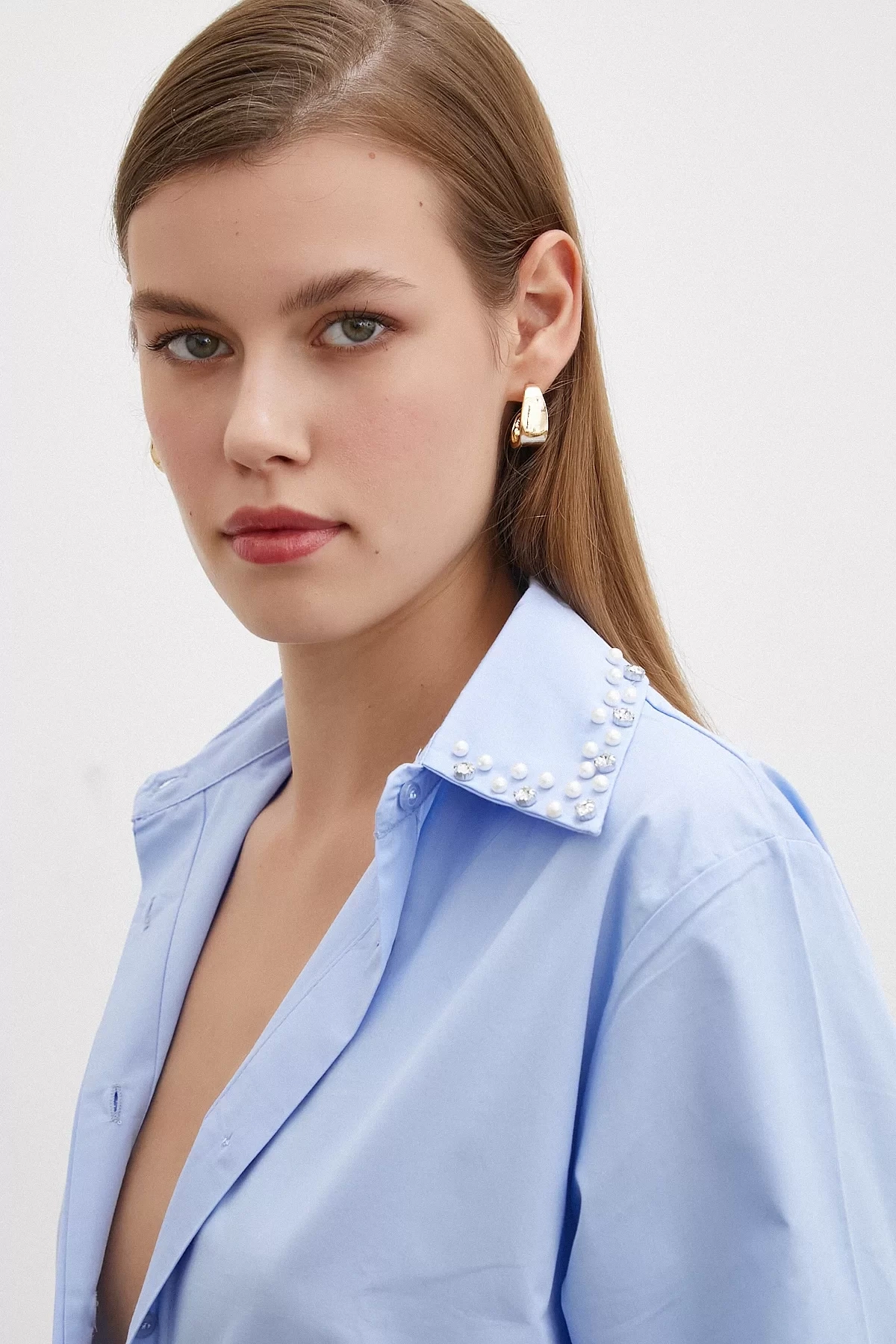 Yaka İncili Poplin Gömlek Mavi