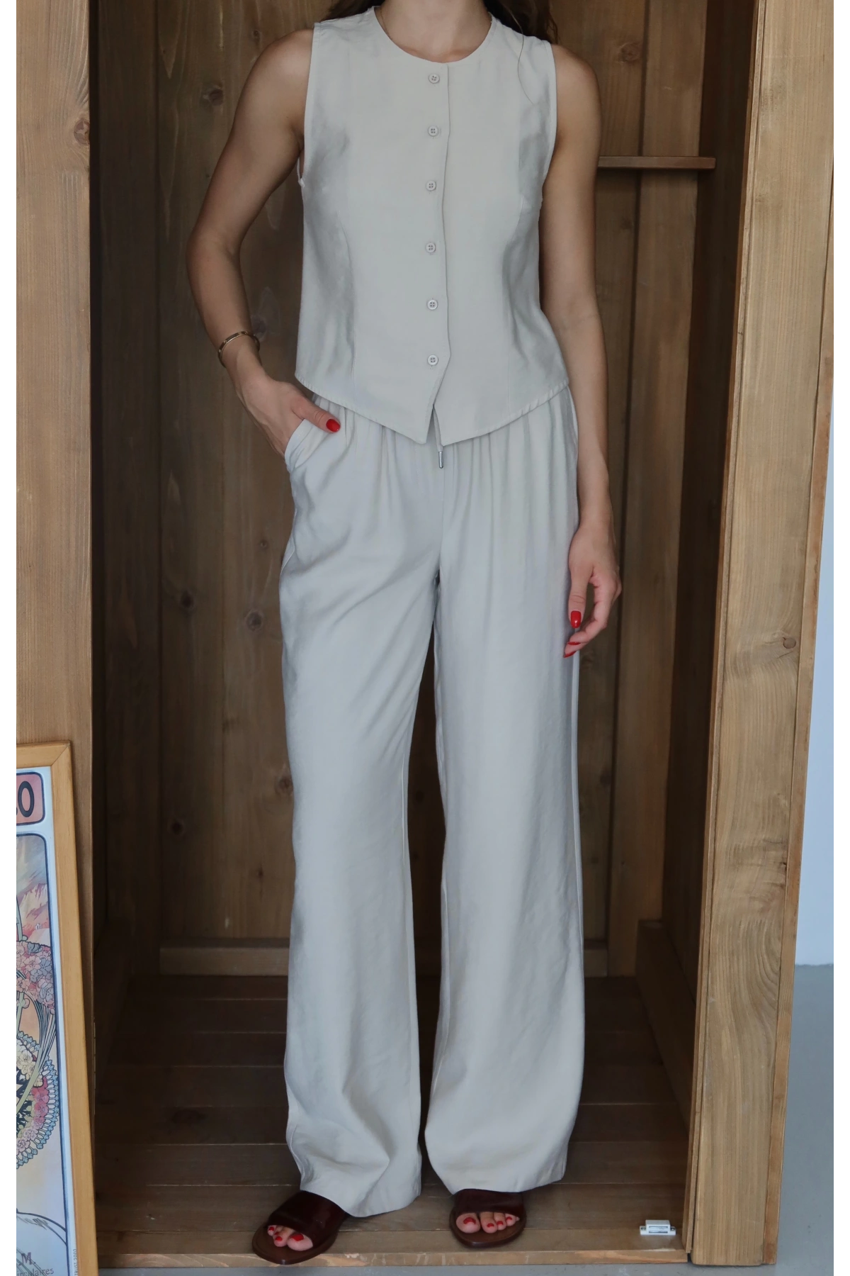 Yelekli Rahat Kesim Takım Krem