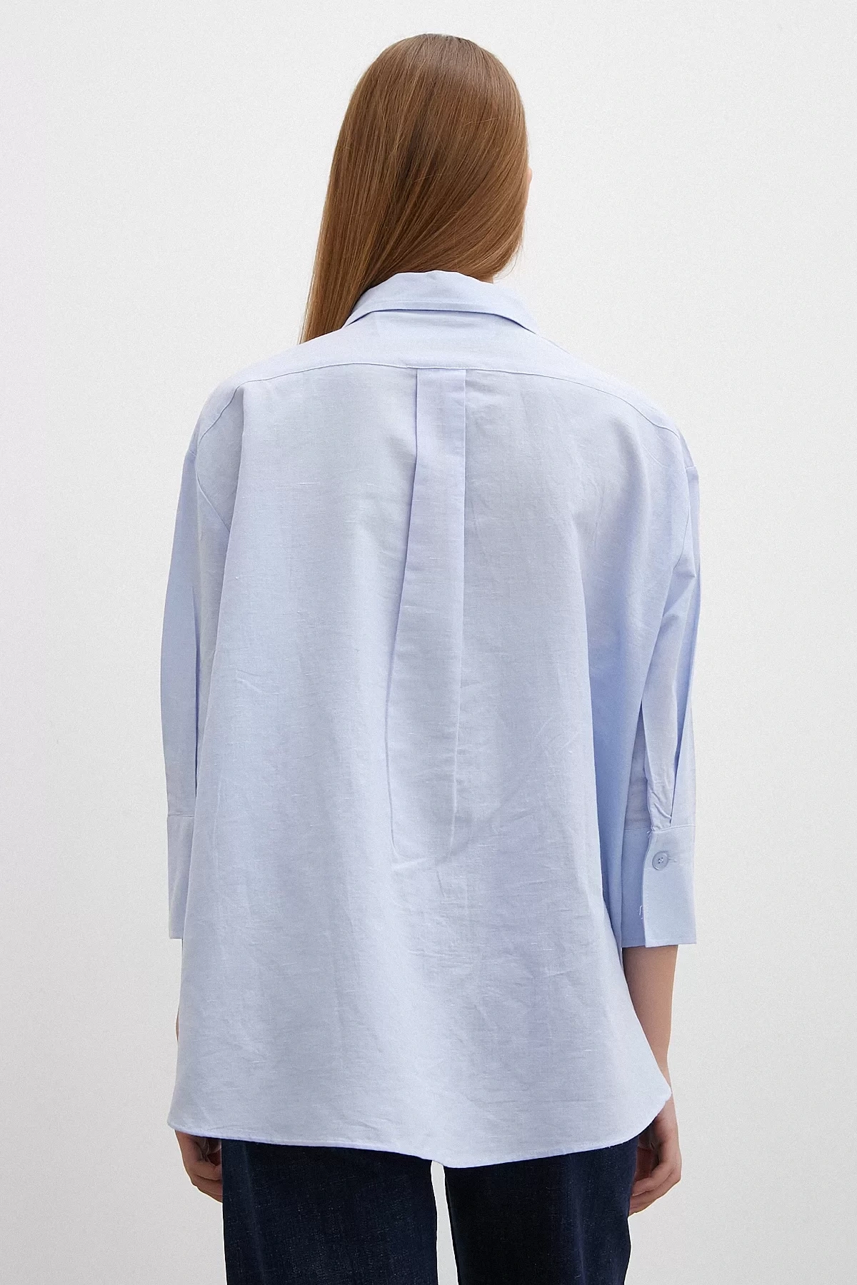 Yırtmaçlı Fakir Kol Keten Gömlek Mavi