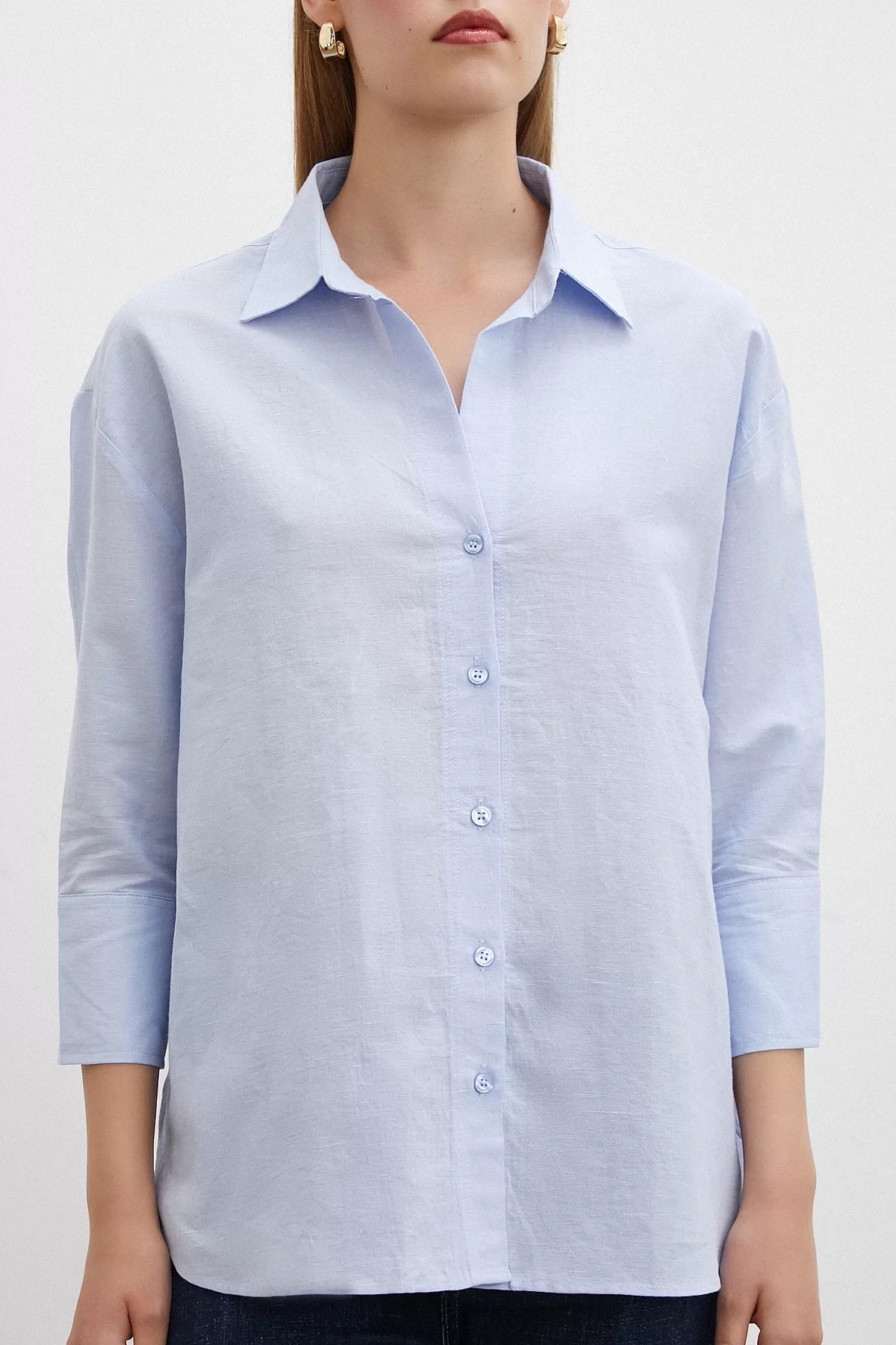 Yırtmaçlı Fakir Kol Keten Gömlek Mavi