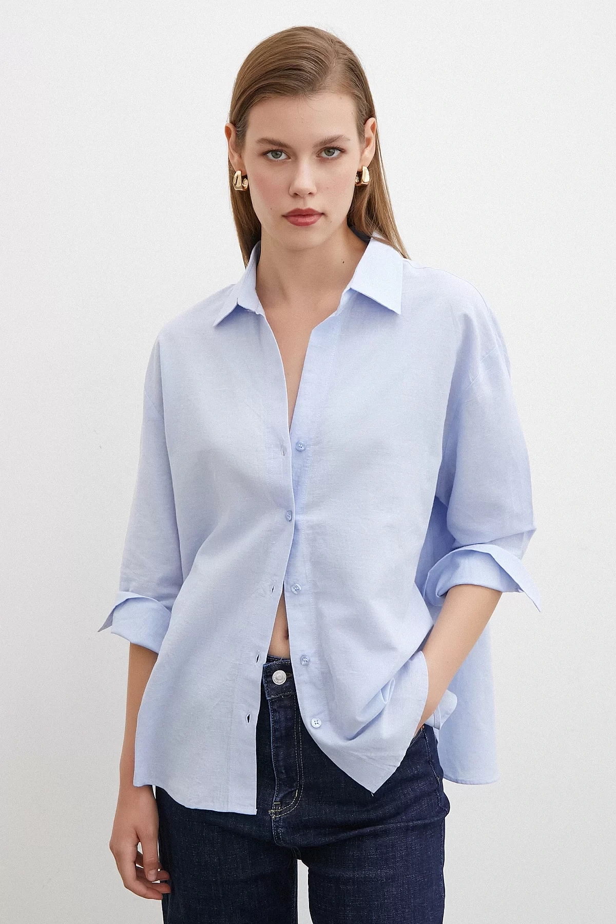 Yırtmaçlı Fakir Kol Keten Gömlek Mavi