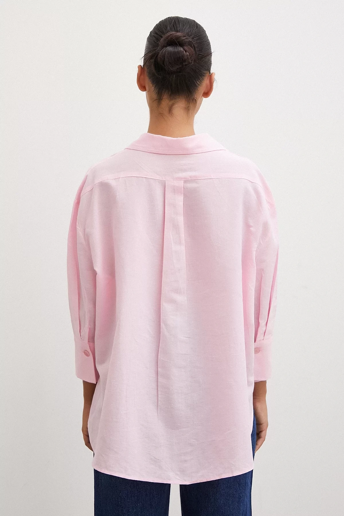 Yırtmaçlı Fakir Kol Keten Gömlek Pembe
