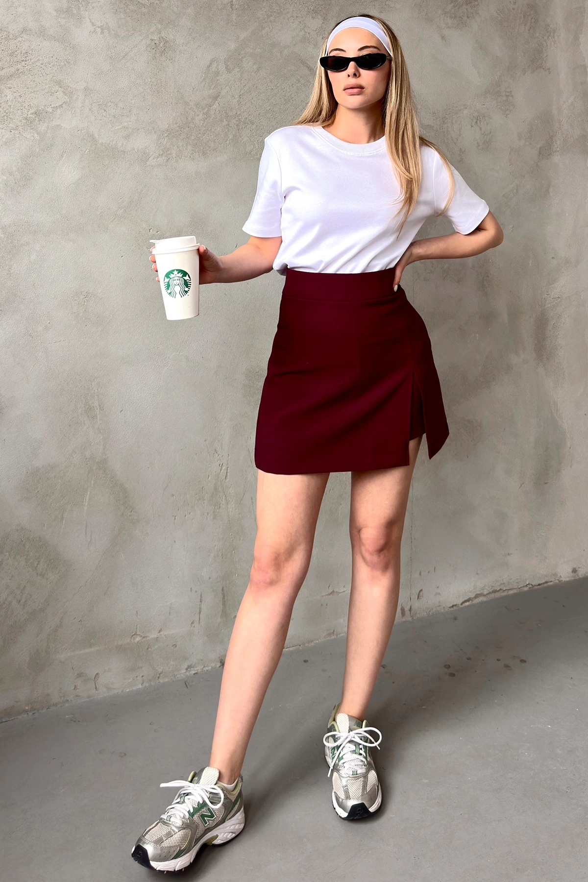 Yırtmaçlı Şort Etek Bordo