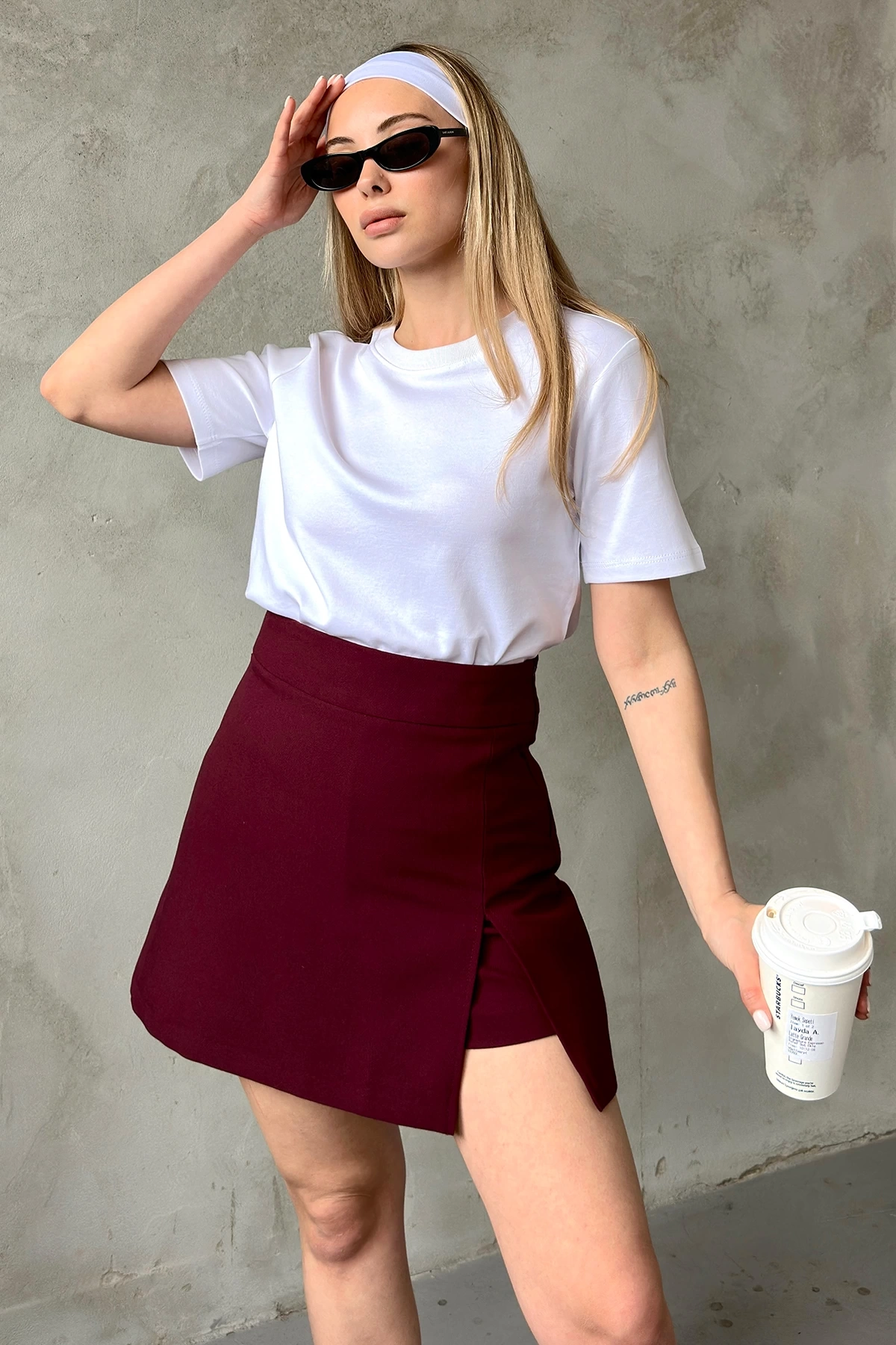 Yırtmaçlı Şort Etek Bordo