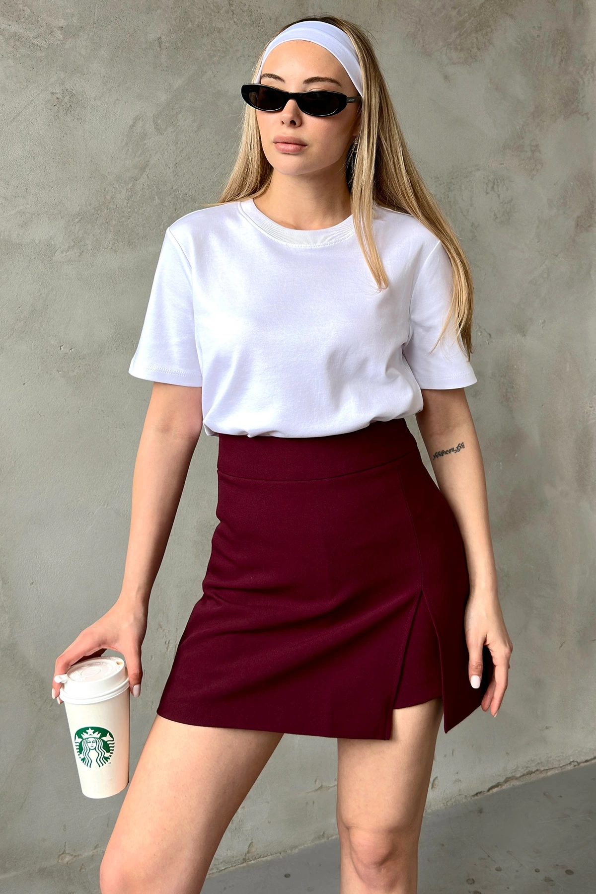 Yırtmaçlı Şort Etek Bordo