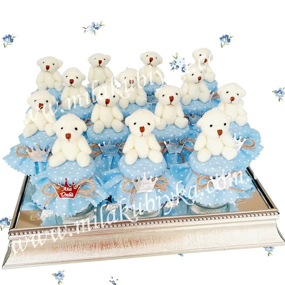 Kişiye Özel Gümüş Taç Pleksili ve Peluş Ayıcıklı Doğum Günü Bebek Şekeri Kavanozu