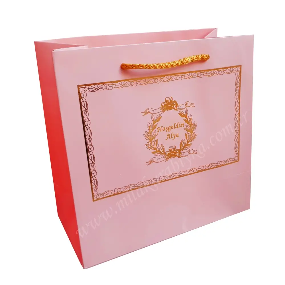 Hediyelik Karton Çanta Altın Varaklı - Pembe