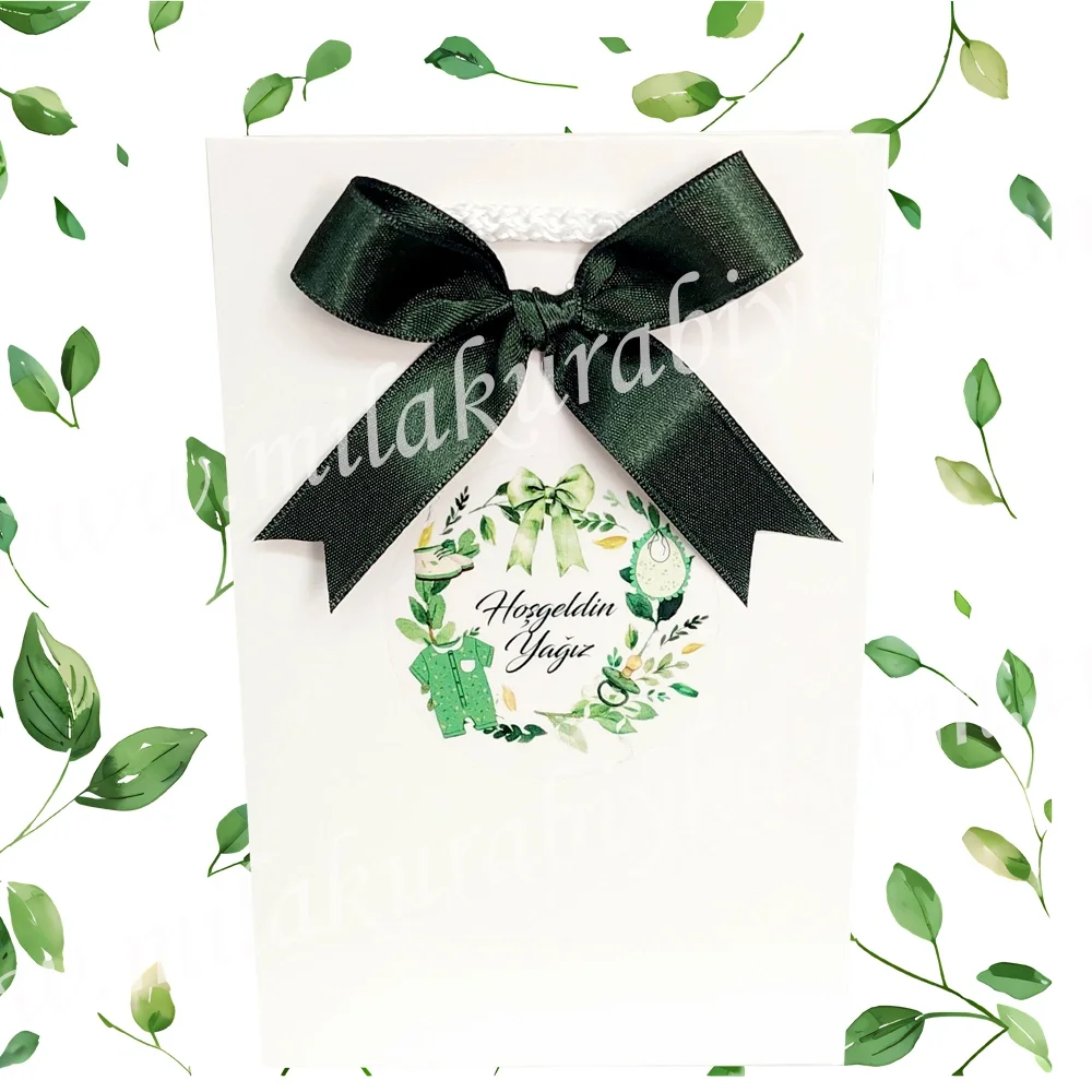 Bebek Temalı İsimli Hediyelik Karton Çanta - Tulum - Patik - Emzik - Önlük Figürlü Baby Shower - Doğum - Bebek Mevlüdü Hediyesi