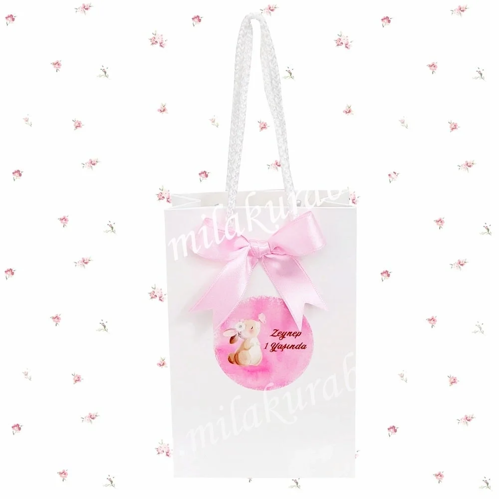 Tavşan Konseptli İsimli Karton Çanta - Baby Shower - Doğum - Mevlüt ve Doğum Günü Hediyesi