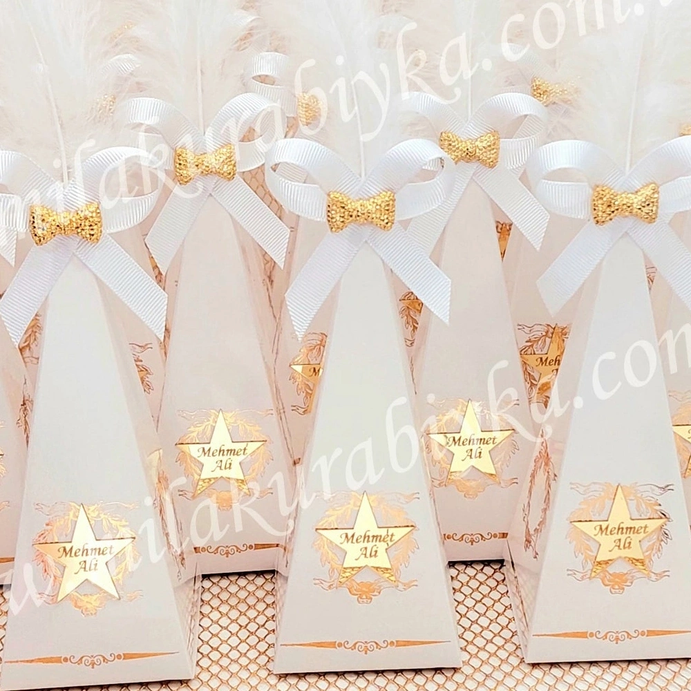 Karton Külah Kutu Altın Sarısı Varaklı Tüylü - Lokumluk - Şeker Kutusu - Mevlüt Şekeri - Boş