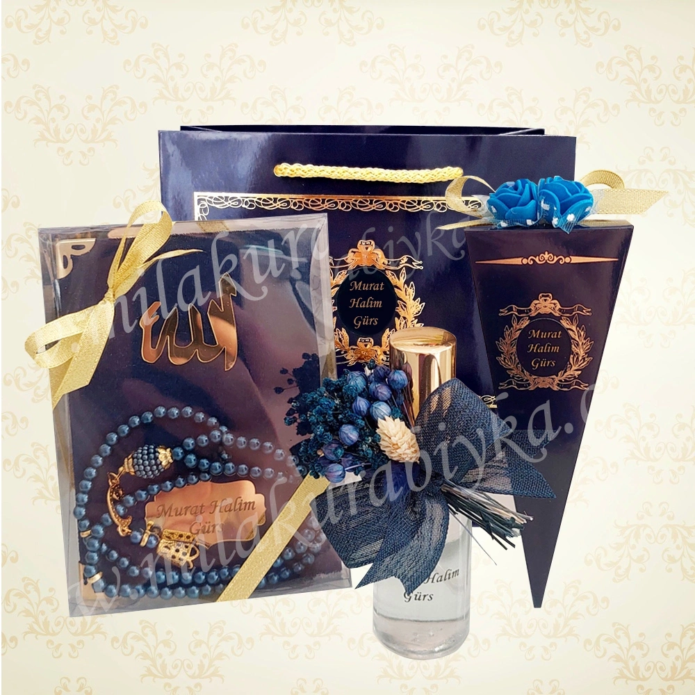 İsimli Yasin Tesbih, Çiçekli Kolonya, Mevlüt Şekeri ve Karton Çanta Seti - Lacivert