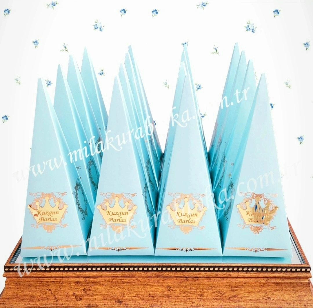 Karton Külah Kutu Gold Varaklı Mavi - Lokumluk - Şeker Kutusu - Mevlüt Şekeri - Boş