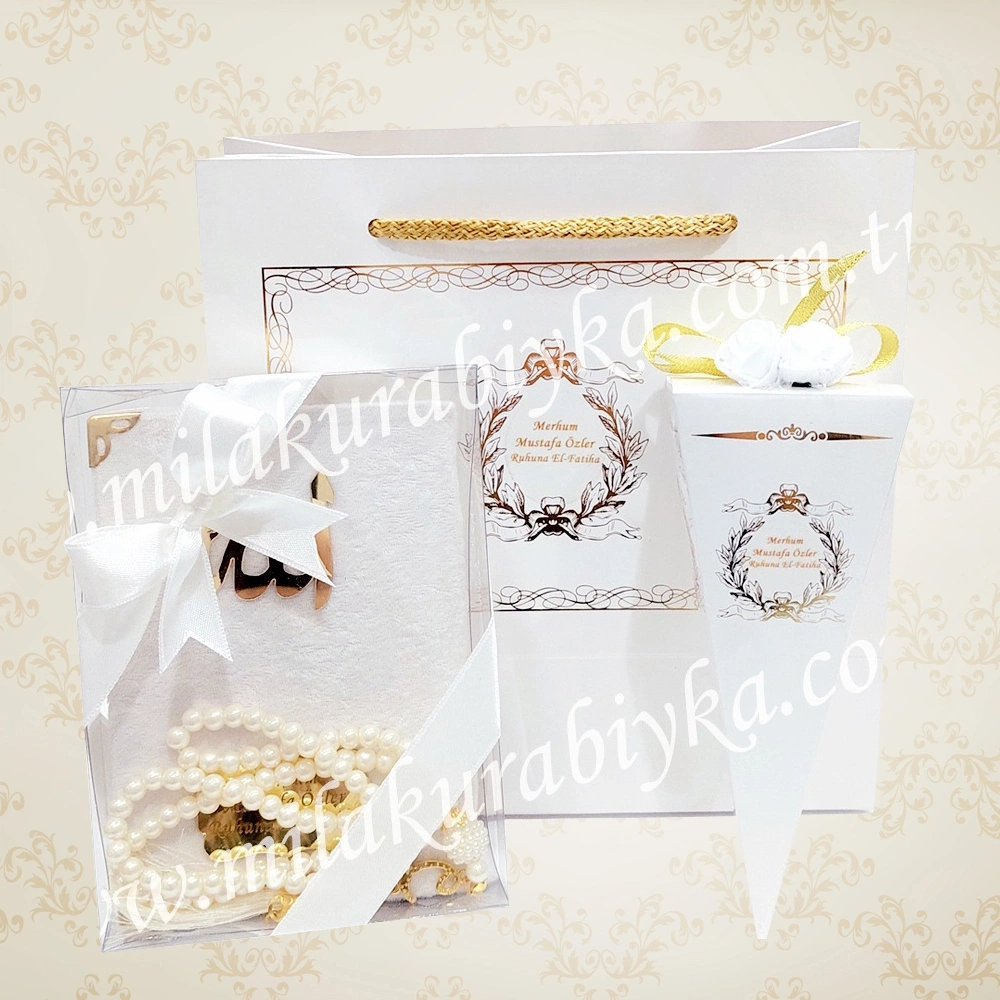 Kişiye Özel Kadife Yasin - İnci Tesbih - Mevlit Şekeri ve Karton Hediye Çantası Mevlit Hediyesi