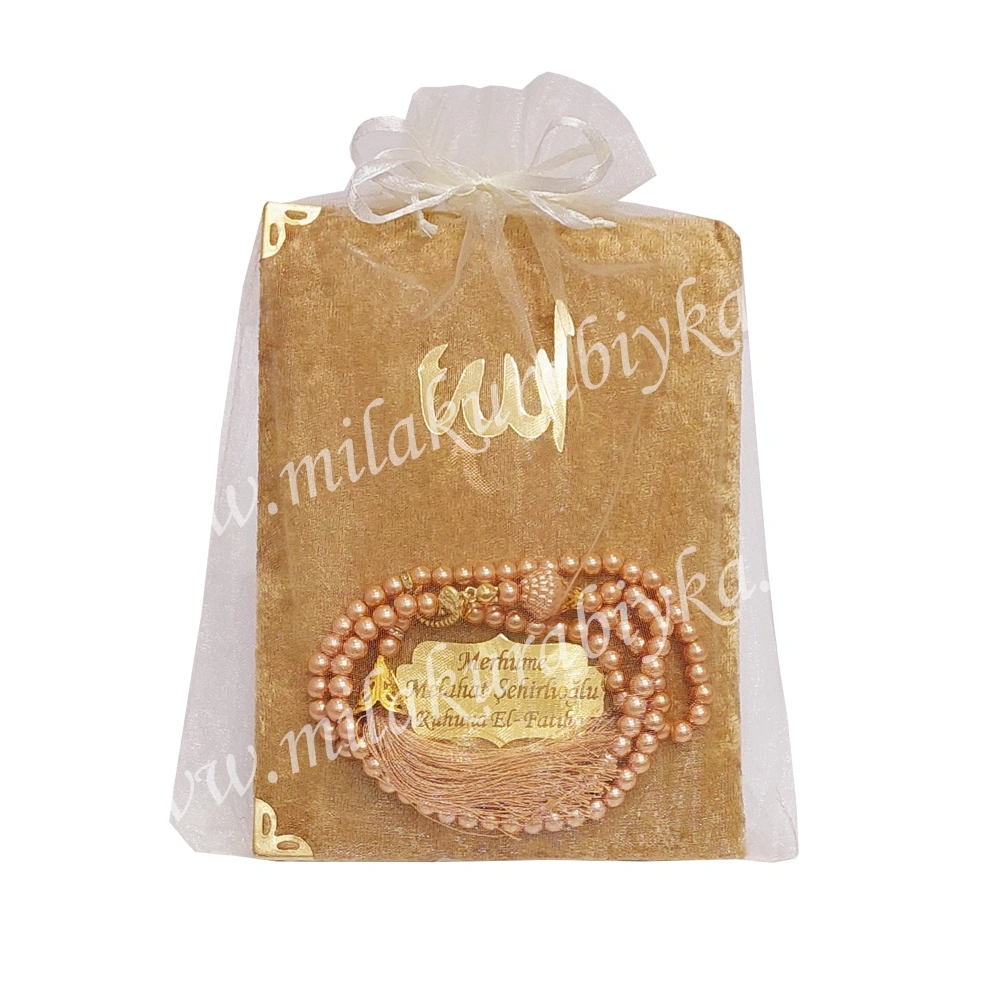 İsme Özel Kadife Kaplı Yasin ve İnci Tesbih Seti - Gold - Keseli