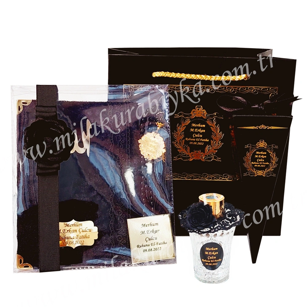 İsimli Yasin İnci Tesbih - Mevlüt Şekeri - Kolonya ve Karton Hediye Çantası - Dantelli Mevlüt Seti