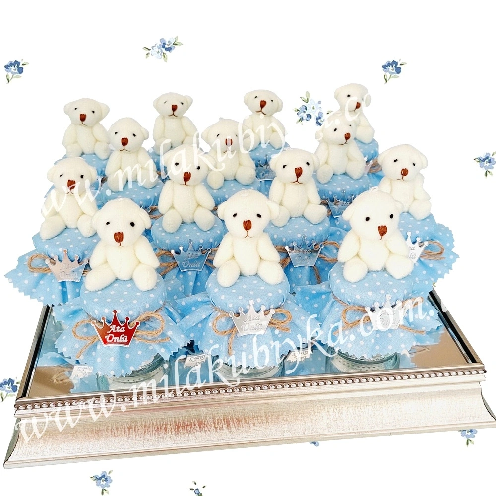 Kişiye Özel Gümüş Taç Pleksili ve Peluş Ayıcıklı Doğum Günü Bebek Şekeri Kavanozu