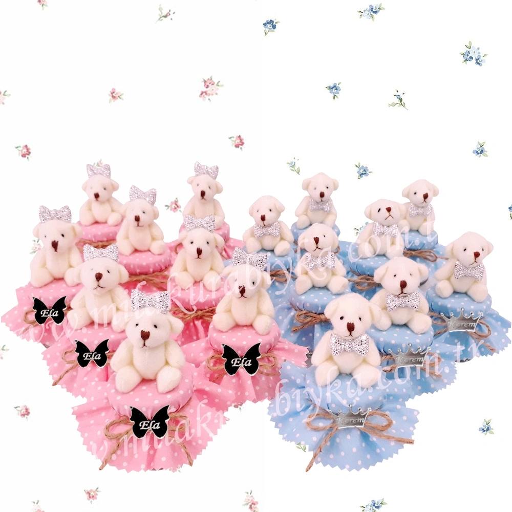 Kız-Erkek İkiz Bebek ve Cinsiyet Partisi Hediyesi Ayıcık Bebek Şekeri - Pembe - Mavi Kumaş Süslemeli