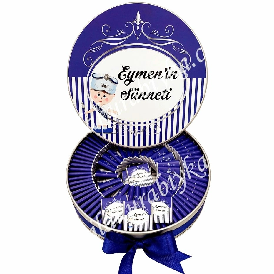 Kişiye Özel Sünnet Çocuğu Figürlü Metal Kutu Çikolata - Lacivert Konsept