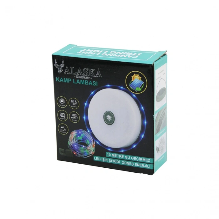ALASKA SDR-2326RGB (SOLAR GÜNEŞ ENERJİLİ & TYPE-C ŞARJLI) ( 10MT ) DEKOR LAMBA & KAMP LAMBA FENER (SUYA DAYANAKLI & MAKARALI)*80