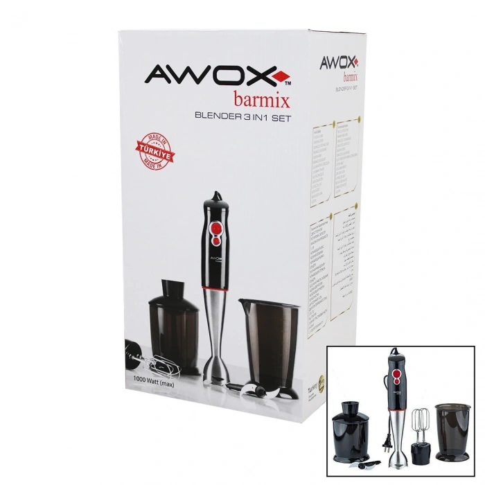 AWOX BARMİX ( 3İN1 ) BLENDER SETİ ( ÇELİK 2Lİ MİKSER ) ( ÇELİK RONDO BIÇAK ) ( ÇELİK 4 KANATLI BIÇAK ) ( 1000W )*4