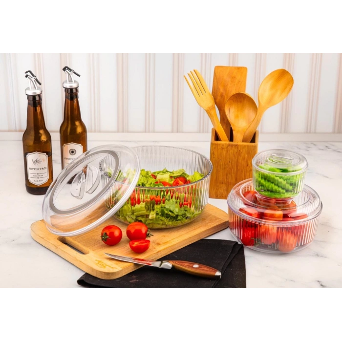 CRYSTAL WARE F-402 ( 3PCS SET ) ( YUVARLAK & 4750ML ) SAKLAMA KABI ( MİKA & KRİSTAL PLASTİK ) ( 350ML & 1300 & 3100ML )*12=K