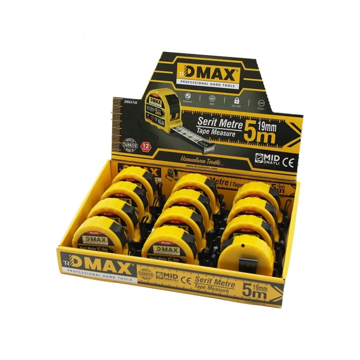 DMAX DMX-4746 ( 5MT X 19MM ) ÇELİK ŞERİT METRE ( STOPLU ) ( OTOMATİK KİLİT = BAS DURDUR & ÇEK SARSIN )*12X10