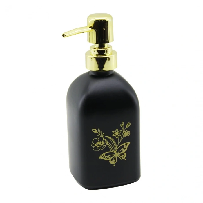 DMR HOME DMR-8163 (CAM) (KARE & SİYAH ŞİŞE--SARI KELEBEK-ÇiÇEK DESEN) SIVI SABUNLUK (400ML) (GOLD PLASTİK POMPA)*48