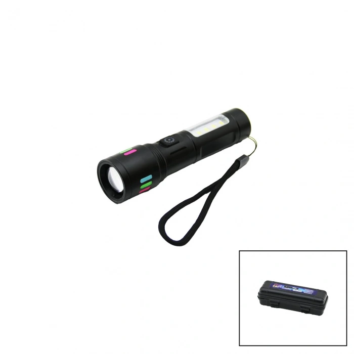 HASUBA HS-41 ( METAL GÖVDE ) ( 2IN1=ZOOM & RGB 9LED ) EL FENERİ ( USB ŞARJLI ) ( MİNİ PLS.KUTULU ) ( İP ASKILI )*120