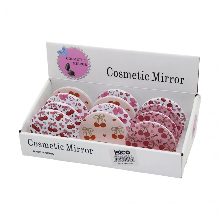 İBİCO İ15-015 ( KİRAZ DESEN ) ( YUVARLAK ) (CEP & ÇANTA) MAKYAJ AYNASI ( ÇİFT TARAFLI = NORMAL )*12X40