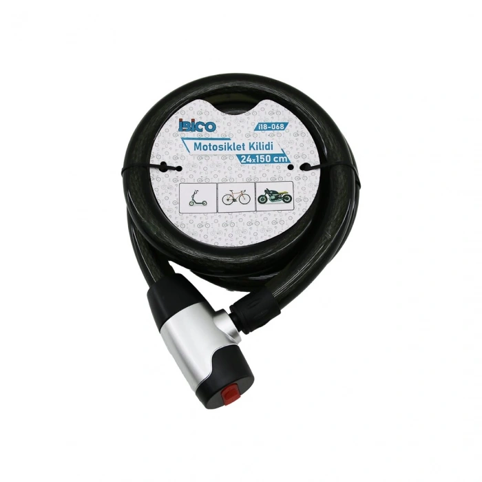 İBİCO İ18-068 ( ANAHTARLI ) ( AÇ-KAPA KİLİT KAPAKLI ) MOTOR & BİSİKLET KİLİT ( ÇELİK TEL ) ( SİYAH ŞEFFAF KILIF ) ( 24MMX150CM )*30