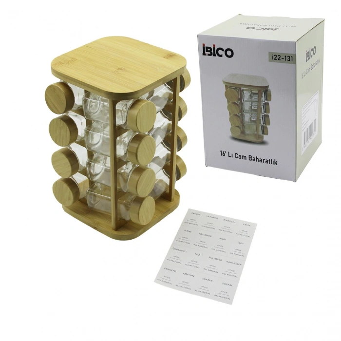İBİCO İ22-131 ( 16PCS ) ( KARE & DÖNER STANDLI ) CAM & BAMBU KAPAK TUZLUK & BAHARATLIK ( BAMBU STAND )*8