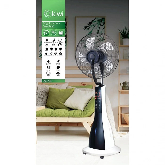 KİWİ KFAN-7692 (16) (40CM) ( SOĞUK BUHARLI ) VANTİLATÖR FAN (90W) (KUMANDALI) (3-KADEM HIZ) (SU DEPO=3LT) (Y: 120CM) (ZAMANLAYICI)*1