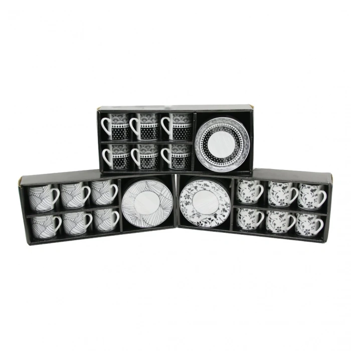 NEWLİFE CLKN-2371 ( SİYAH & BEYAZ ) ( 12PCS=6-TAKIM ) PORSELEN KAHVE FİNCANI ( ÇİÇEK & ÇİZGİ & NOKTA MİX DESEN )*12