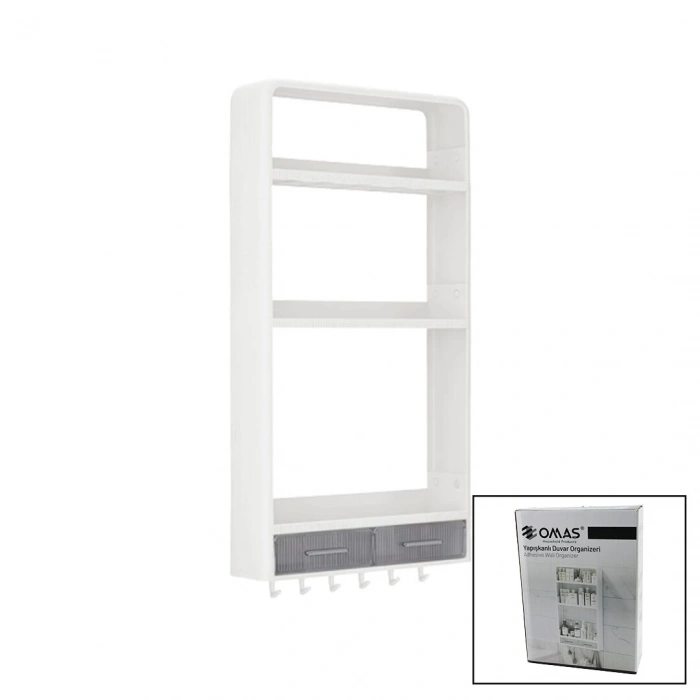 OMAŞ-TERA OM-0817 ( BEYAZ ) YAPIŞKANLI DUVAR ORGANİZERİ PLASTİK ( 3 RAF=14CM-19CM-30CM & 2 ÇEKMECE=40CM & 6 ASKI ) ( 19 PCARÇA )*6