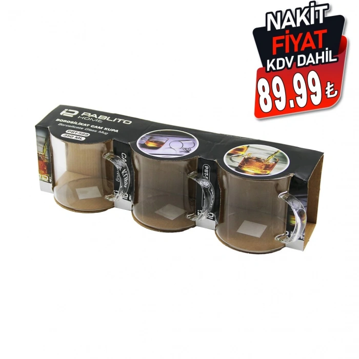 PABLITO HOME PBT-589 ( 3PCS ) ( 350ML & TOMBUL ) (KULPLU) CAM KUPA BARDAK (BROSİLİKAT) (TERMİSİL & ISIYA DAYANIKLI)*16=K