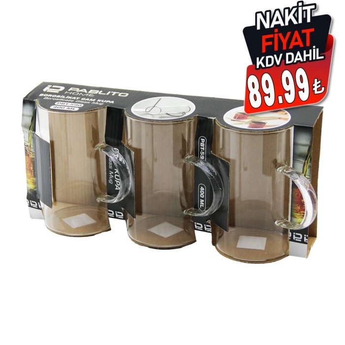 PABLITO HOME PBT-590 ( 3PCS ) ( 400ML ) ( KULPLU ) CAM KUPA BARDAK ( BROSİLİKAT ) (TERMİSİL & ISIYA DAYANIKLI)*16=K