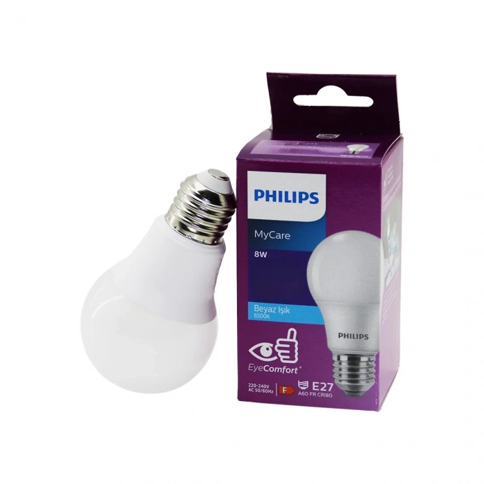 PHILIPS MYCARE ( 8W=60W ) ( E27 ) LED AMPUL ( 806 LUMEN & 6500K BEYAZ IŞIK ) ( 12000 SAATE VARAN ÖMÜR )*12=K