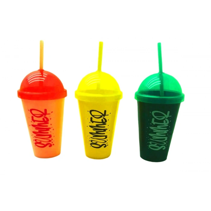 QLUX L-00850 SUMMER ( PİPETLİ ) ( RENKLİ PLASTİK ) BARDAK ( ŞEFFAF RENKLİ KAPAK ) ( 450ML )*12=K