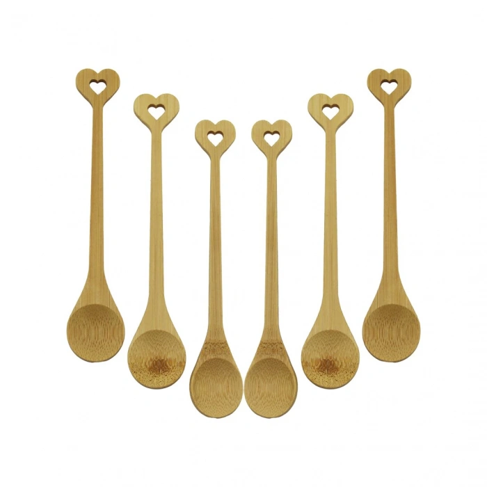 ZHU ZHİ YUAN DMR-8465 ( 6PCS & YUVARLAK & KALP FİGÜR SAPLI  ) AHŞAP BAMBU ( ÇAY KAŞIK ) SETİ*500