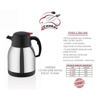 COOKER CKR-2004 ( 1.5LT ) (304 ÇELİK) TERMOS (INOX SERİSİ) (12 SAAT SICAK & 24 SAAT SOĞUK) (ÇİFT CONTALI KAPAK)*12