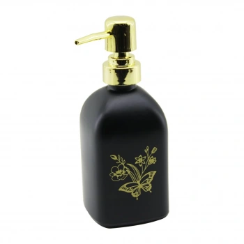 DMR HOME DMR-8163 (CAM) (KARE & SİYAH ŞİŞE--SARI KELEBEK-ÇiÇEK DESEN) SIVI SABUNLUK (400ML) (GOLD PLASTİK POMPA)*48