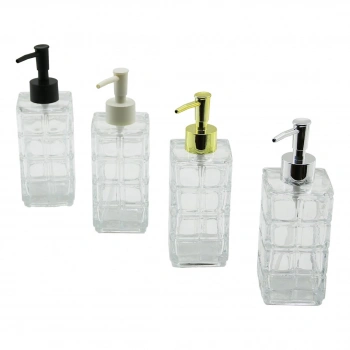 İBİCO İ21-041 ( ŞEFFAF CAM ) SIVI SABUNLUK ( 350ML ) ( KARE KESİK DESENLİ CAM ) ( MİX RENKLİ POMPA )*48=K