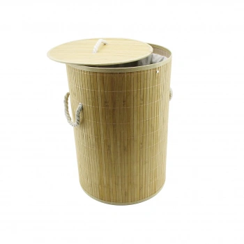 İBİCO İ21-075 YUVARLAK ( BAMBU AHŞAP ) KİRLİ ÇAMAŞIR SEPETİ ( 35X60CM ) ( SEYYAR KAPAKLI ) ( İÇİ BEZLİ ) ( İP KULPLU )*12