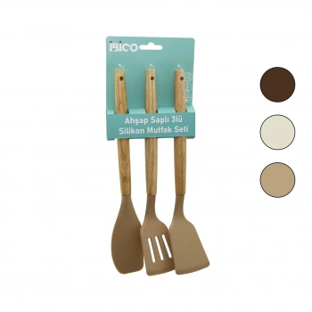 İBİCO İ22-010 ( 3PCS ) ( RENKLİ SİLİKON ) ( SPATULA ) MUTFAK SETİ ( AHŞAP & BAMBU SAPLI ) ( KLASİK & YAN & DELİKLİ SPATULA) (30CM)*12X6