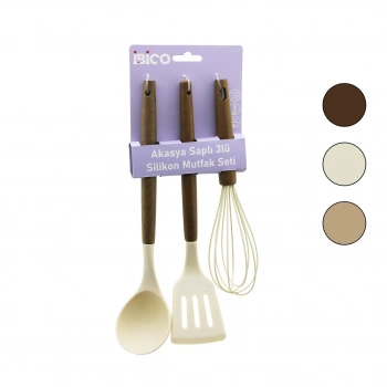İBİCO İ22-012 ( 3PCS ) ( RENKLİ SİLİKON ) MUTFAK SETİ ( ÇIRPICI  & KEPÇE & SPATULA ) ( AHŞAP & AKASYA SAPLI )*12X6
