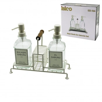 İBİCO İ22-144 ( 3PCS ) METAL STANDLI & CAM SIVI SABUNLUK SETİ ( AHŞAP TUTMALI & SÜNGERLİK)*24