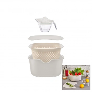 MOİ PLASTİK COF-1005 (KREM) (5PCS) MUTFAK SETİ PLS.(KARIŞTIRMA KAP=4LT & SÜZGEÇ=3.5LT & KESİM PANO & SIKACAK=0.25LT)*16